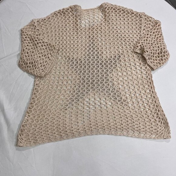 Beige Crochet Knit Star Sweater Open Weave Lightweight Short Sleeve Top - Picture 6 of 7